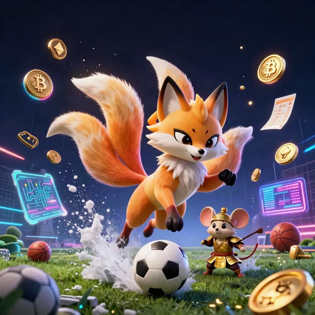 Rubah roh sembilan ekor dan tikus samurai emas dikelilingi koin kripto dan bola sepak neon.