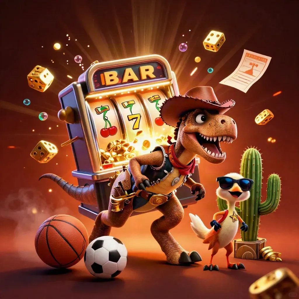 T-Rex koboi, kaktus, dan roadrunner di tengah ledakan slot dan bola olahraga.