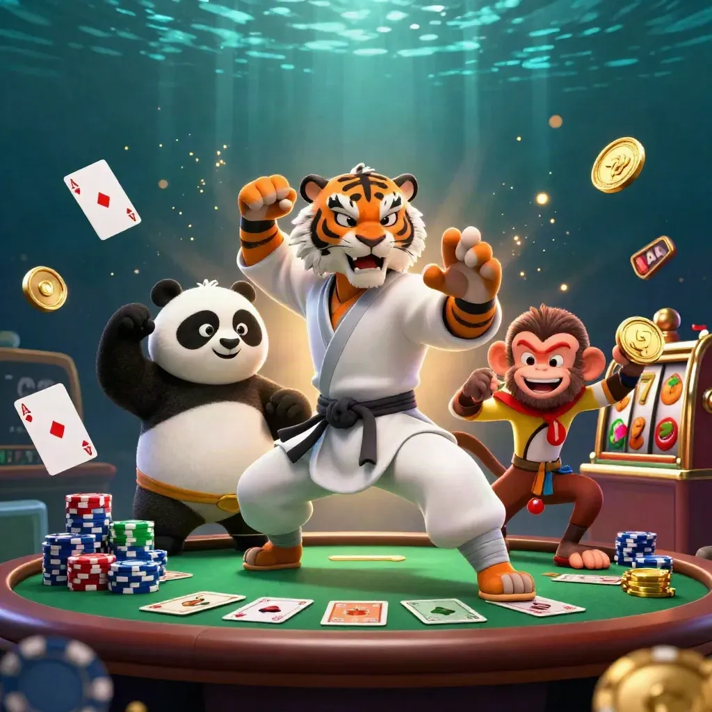 Tiger kung-fu, panda, dan monyet di meja poker dengan efek emas meledak.