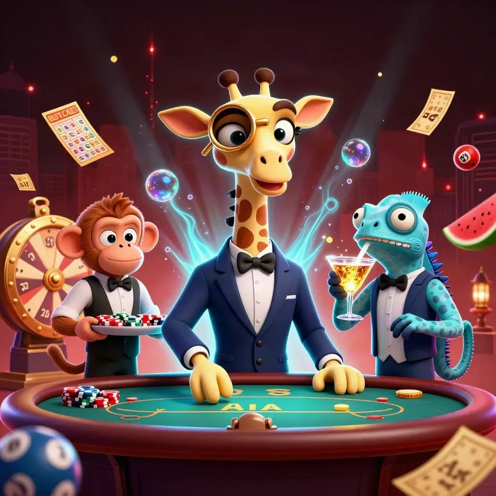 Jerapah mewah, monyet pelayan, dan bunglon bartender di meja poker dengan efek kasino neon.