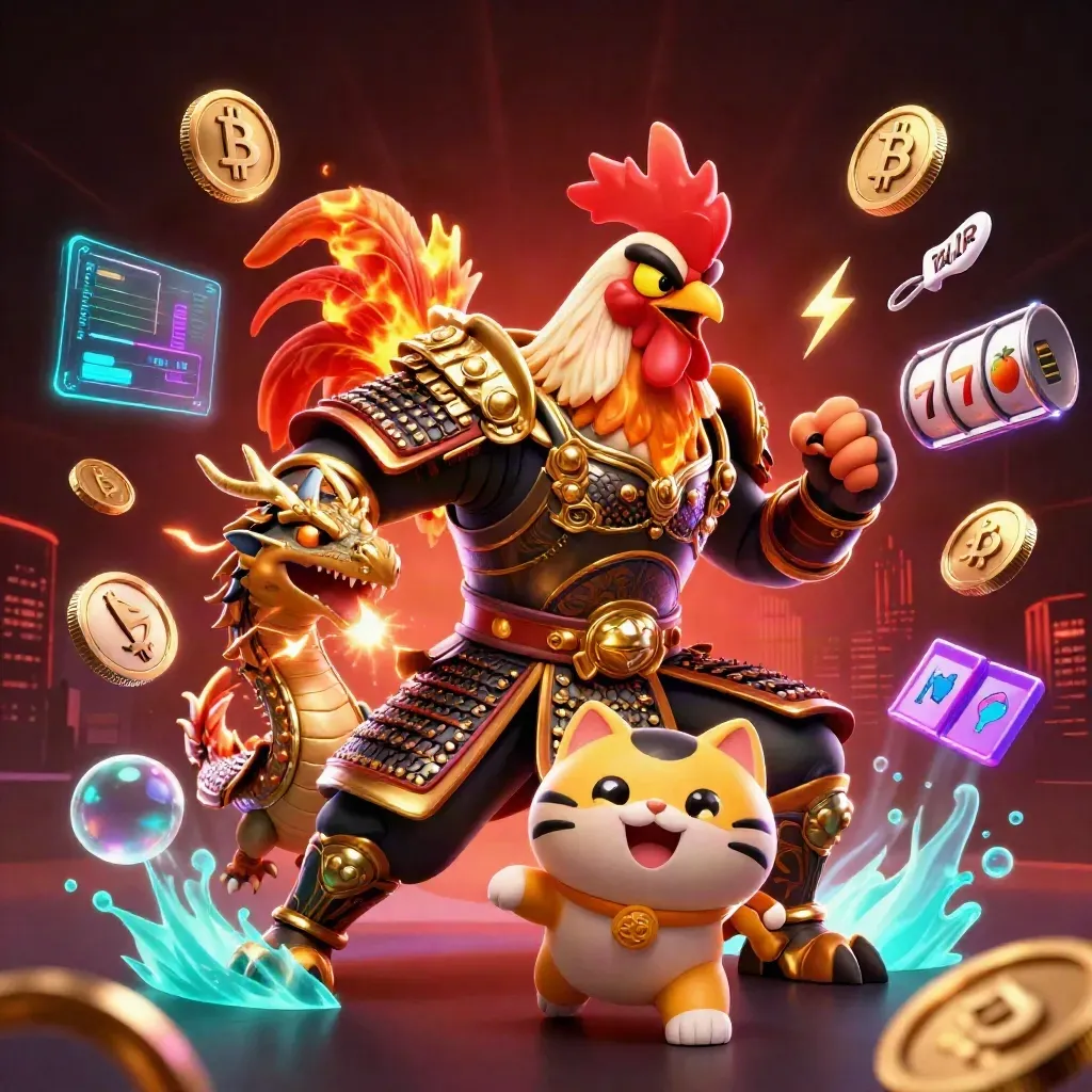 Ayam samurai, naga bayi, dan kucing keberuntungan di ledakan koin neon, kilat, dan cahaya kasino mewah.