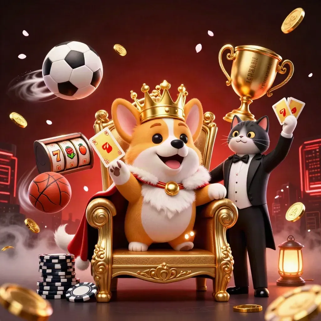 Anjing corgi raja dan kucing butler dikelilingi bola, koin, dan efek kasino mewah.