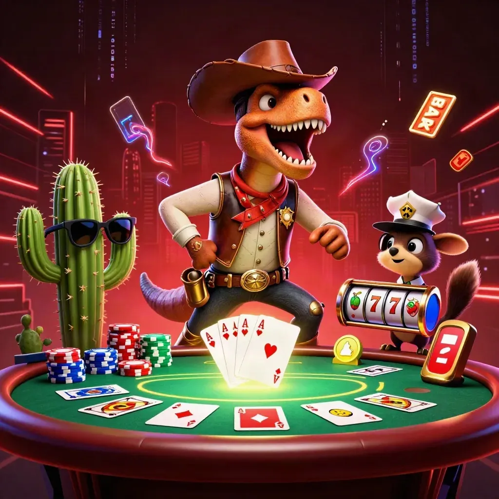 T-Rex koboi, kaktus berkacamata, dan burung roadrunner di meja poker neon