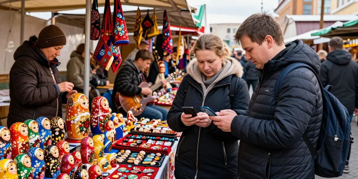Pengunjung menggunakan aplikasi https://payinrussia.com/ untuk pembayaran di pasar tradisional Rusia, dikelilingi produk lokal yang berwarna-warni.